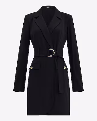 Crepe Collared V-Neck Belted Blazer Mini Dress with Pockets