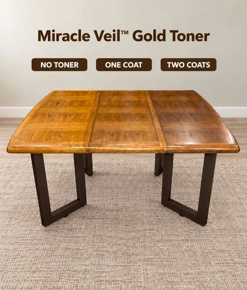 Customer barn doors before and after two coats of Miracle Veil™ Gold Toner, transforming golden wood into a richer brown tone.