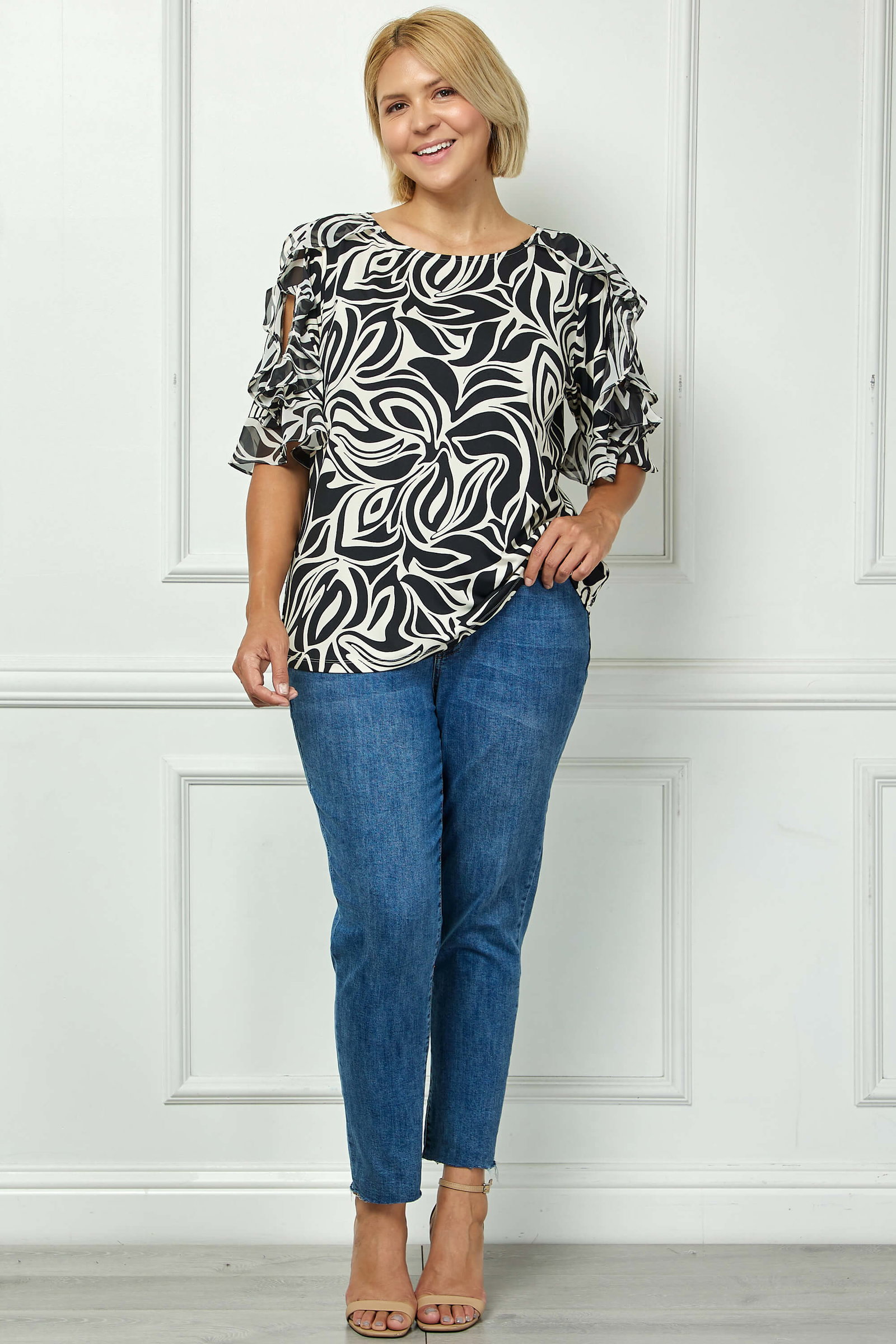 Image of Ruffle Cold Shoulder Boat Neck Blouse in Cream/Black - Plus