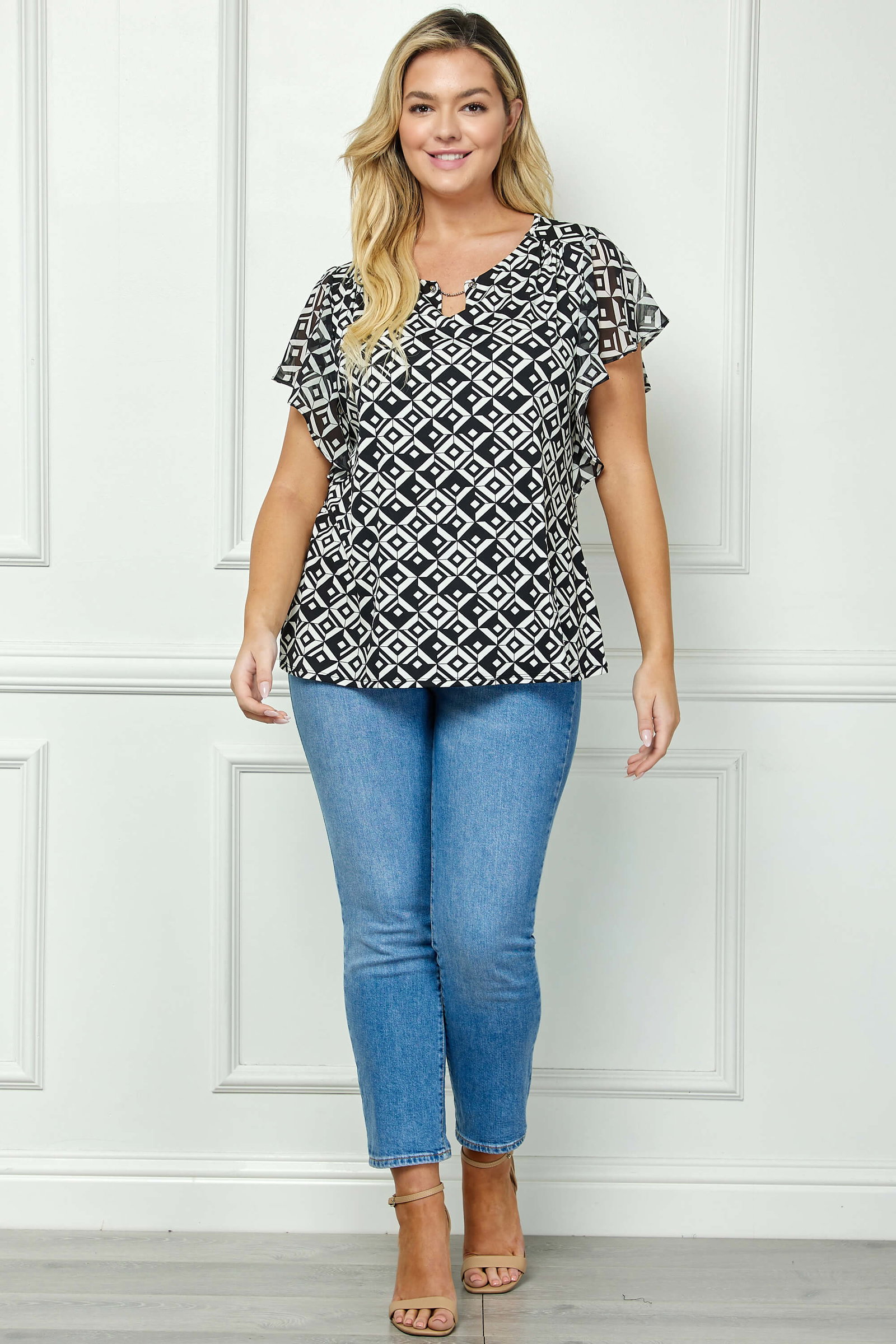 Image of Short Flutter Sleeve Cutout Removable Trim Front Neck Mix Media Blouse In Ivory/Black/Ivory - Plus