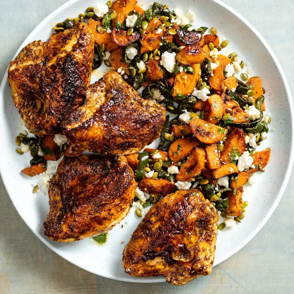One-Pan Roasted Chicken Breasts with Sweet Potato–Poblano Salad
