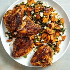 One-Pan Roasted Chicken Breasts with Sweet Potato–Poblano Salad