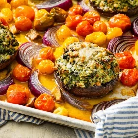 Spinach and Herb-Stuffed Mushrooms with Blistered Cherry Tomatoes