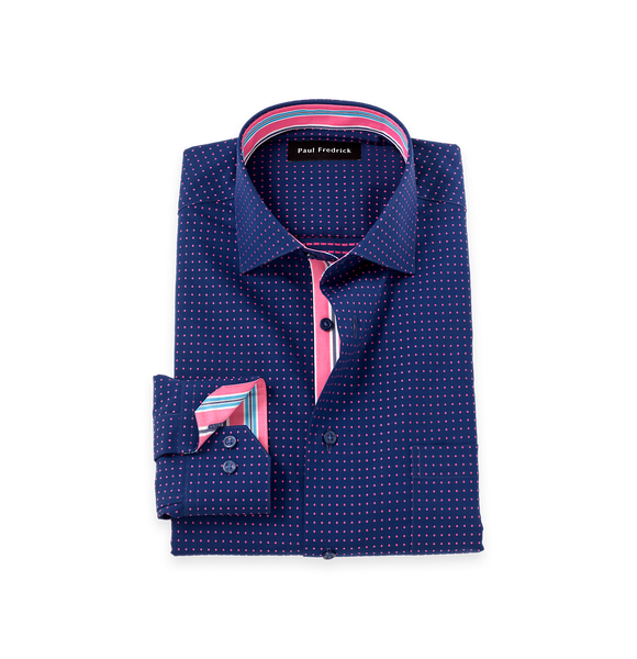 Non-Iron Cotton Dot Dress Shirt With Contrast Trim - Navy/pink-Classic Fit / 16.5 / 33