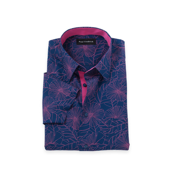 Non-Iron Cotton Floral Short Sleeve Dress Shirt With Contrast Trim - Navy/pink-Classic Fit / 16.5