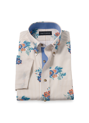 Non-Iron Cotton Floral Short Sleeve Dress Shirt With Contrast Trim - Tan Multi-Classic Fit / 17.5