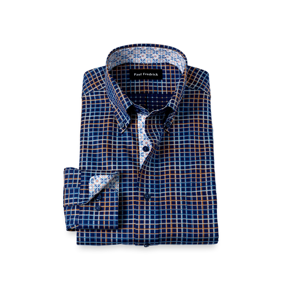 Comfort Stretch Non-Iron Check Dress Shirt With Contrast Trim - Navy Multi-Classic Fit / 17.5 / 35