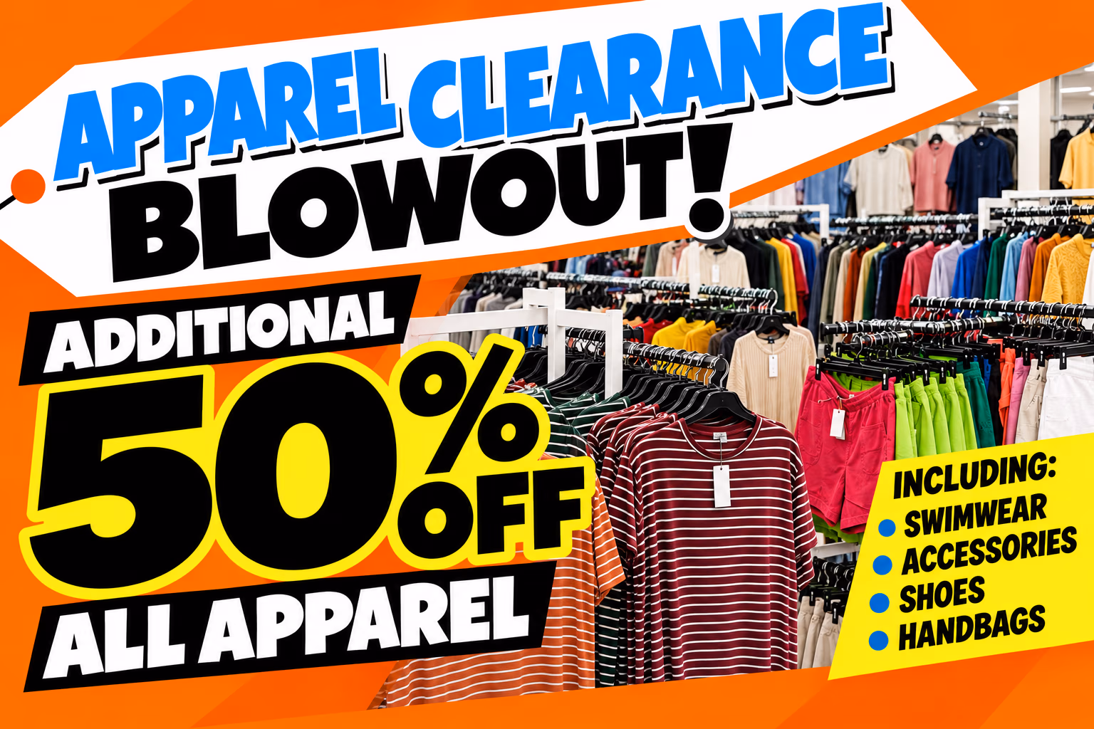 50% off all apparel including swimwear, accessories, shoes, and handbags