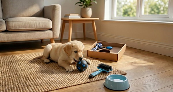 Ensemble de 5 accessoires pour chiots avec gamelle, jouets et brosse