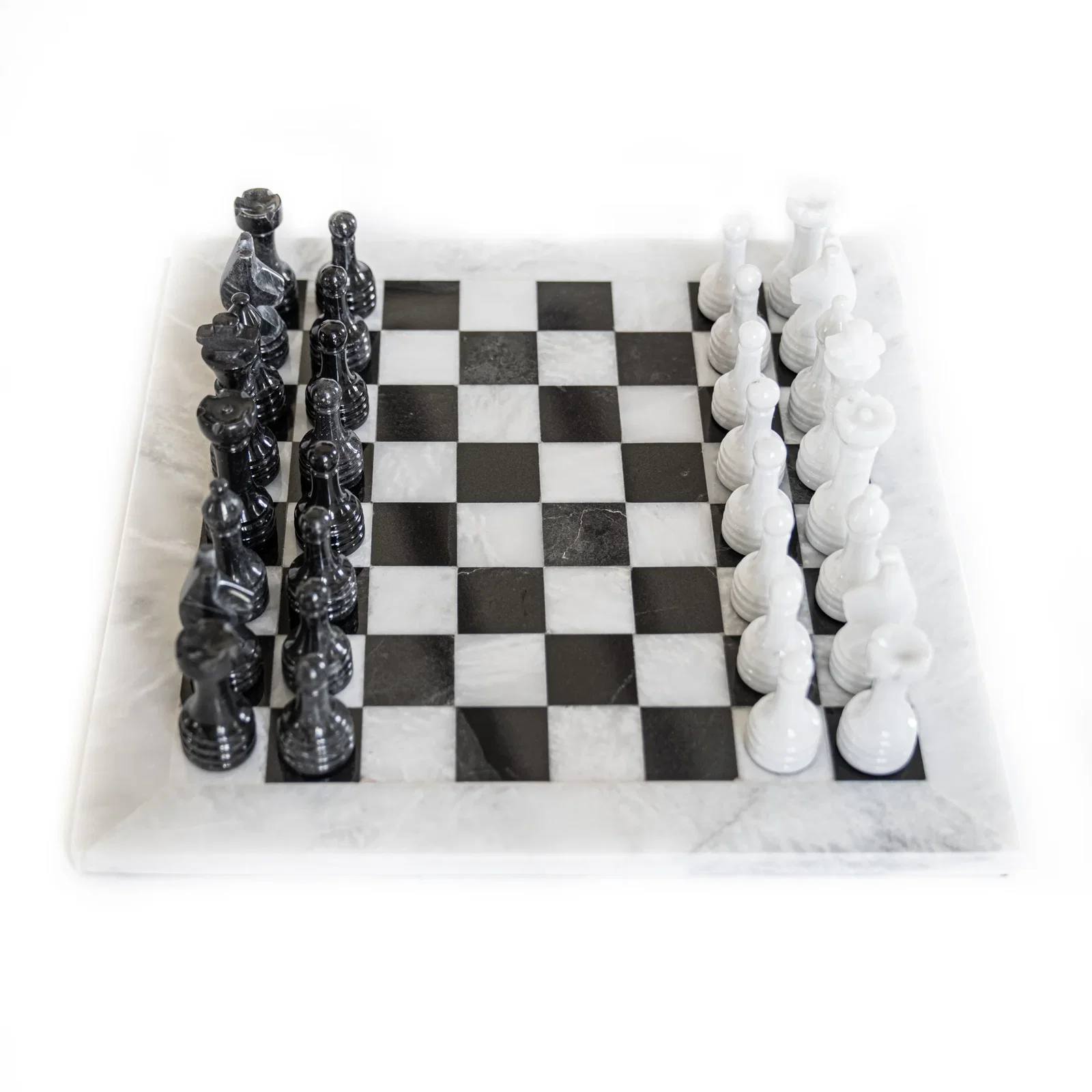 Image of Marble Chess Set- White and Black Marble Chess Board with Chess Pieces- 12"