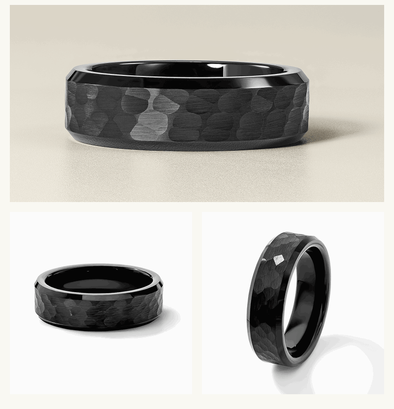 A male’s matte black metal ring band with a hammered finish, displayed from three viewpoints.