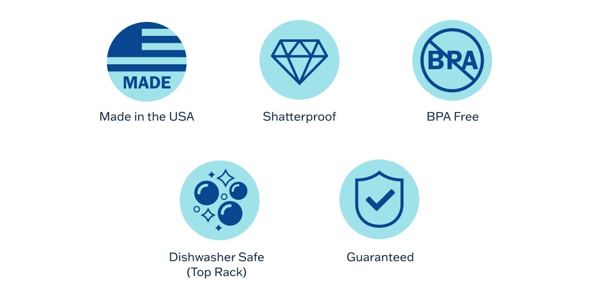 Made in the USA, Shatterproof, BPA Free, Dishwasher Safe (Top Rack), and Guaranteed