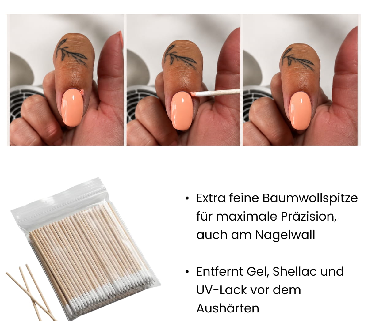 Extra feine Baumwollspitze für maximale Präzision, auch am Nagelwall