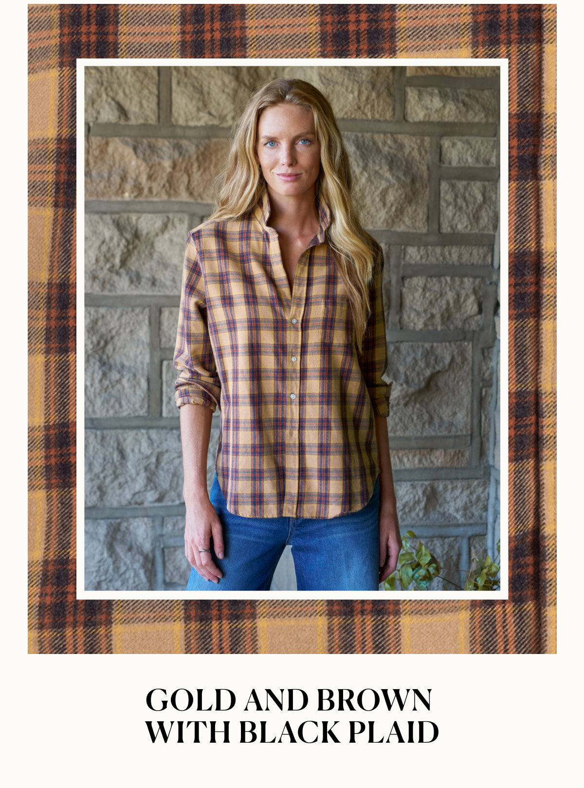 gold and brown with black plaid