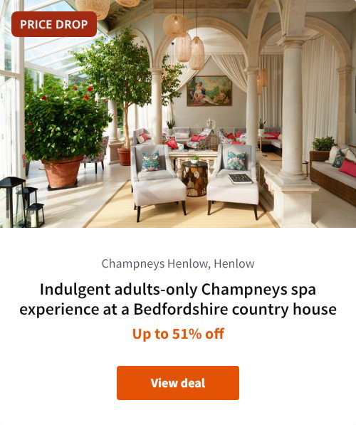 Indulgent adults-only Champneys spa experience at a Bedfordshire country house