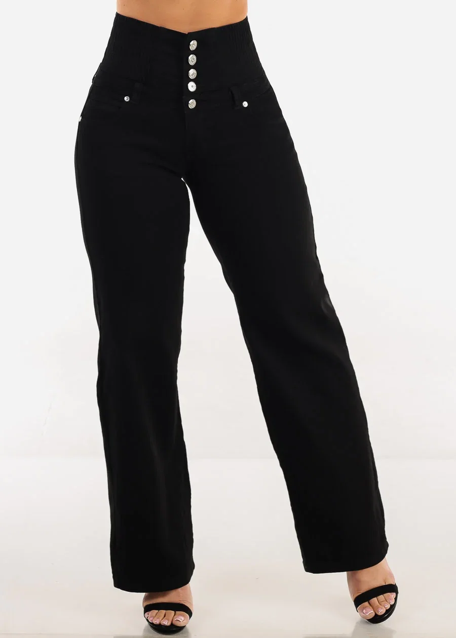 Image of MX JEANS Butt Lift 5 Button Spandex Waist Straight Wide Leg Jeans Black