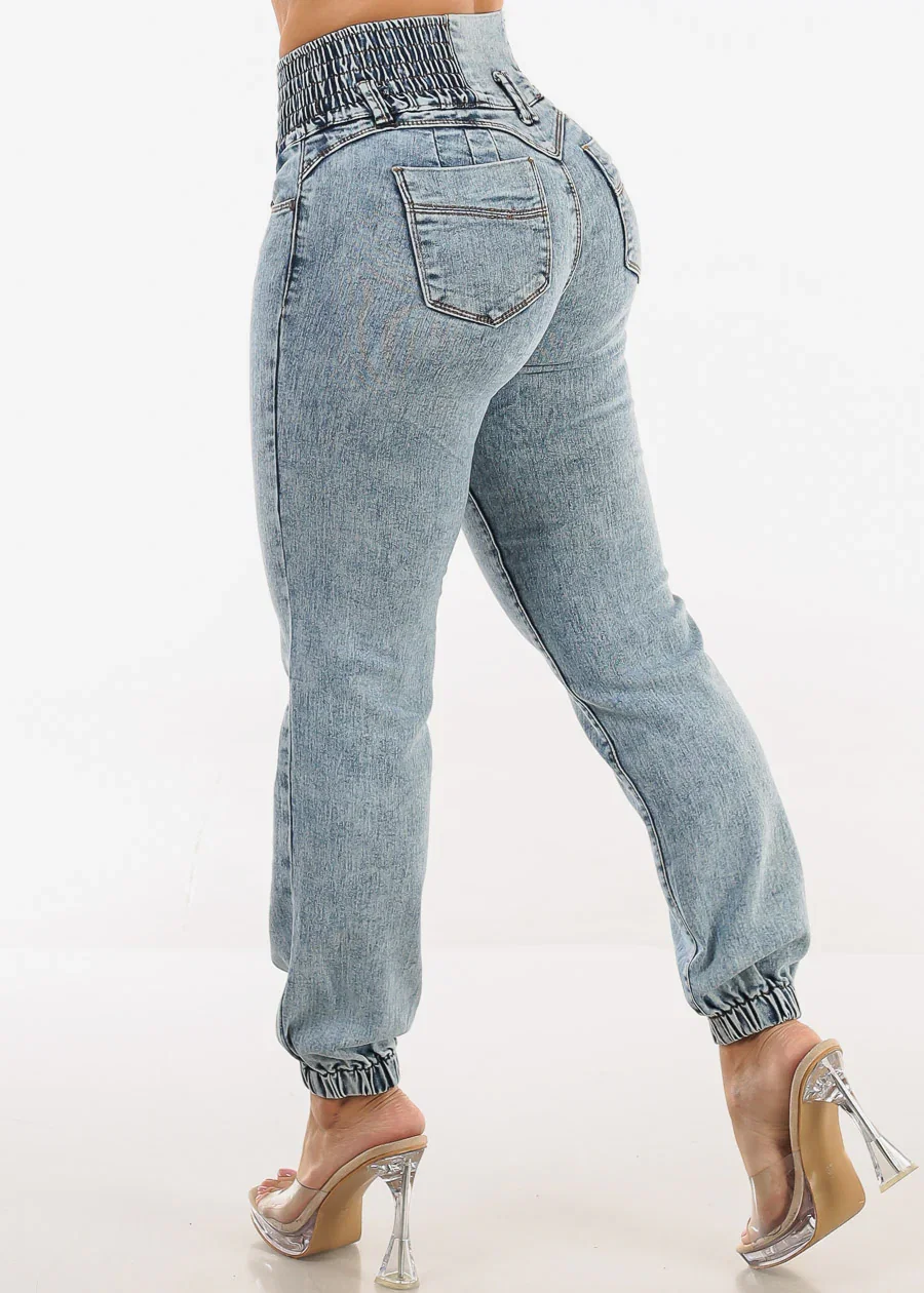 Image of MX JEANS Butt Lift 3 Button Spandex Waist Jogger Jeans Acid Wash
