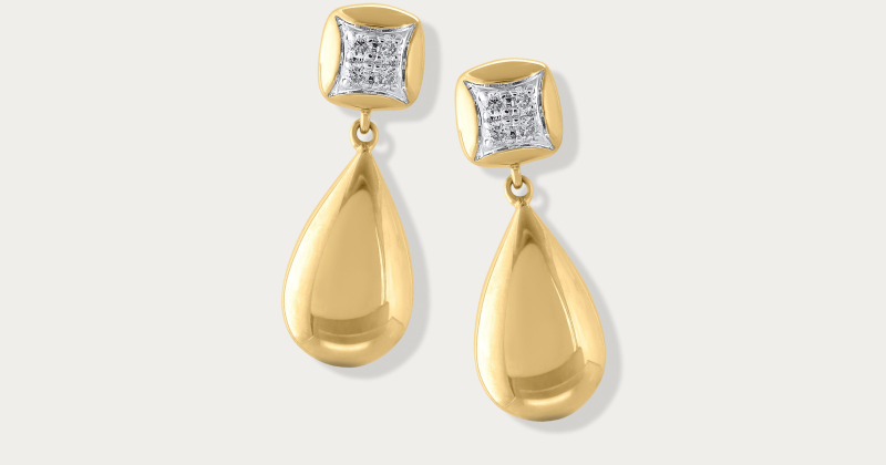Yellow gold drop earrings with diamond-accented square studs.