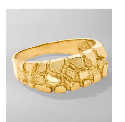 Textured yellow gold band ring with an organic hammered finish.