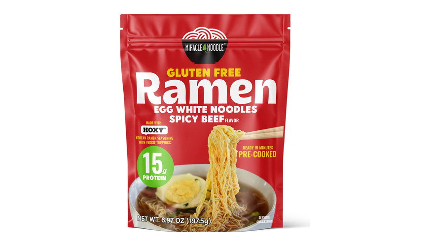A pouch of Miracle Noodle Spicy Beef Egg White Ramen