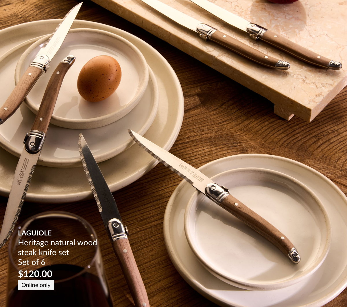 A showcase of luxury knives. Laguiole Heritage natural wood steak knife set of 6 at 120$