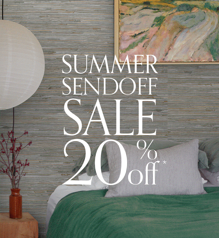 Gif Image showing various patterns of Tempaper's grasscloth wallpaper in different room settings. Text overlay "Summer Sendoff Sale 20% off*"
