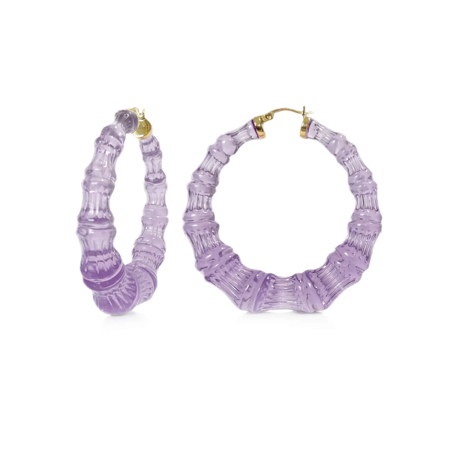 Image of Sheer Mauve Lucite Bamboo Hoop Earrings