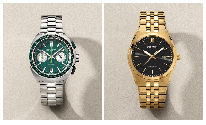 Bulova silver men’s watch with green dial and a gold and black Citizen watch.