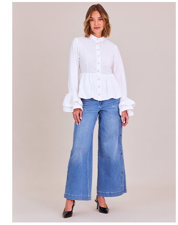 White Shirt With Mock Collar, Center Button Placket and Large Pleated Double Ruffle Cuff