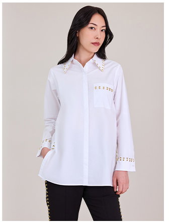 White Cotton Poplin Shirt With Point Collar, Covered Center Button Placket and Gold Grommets