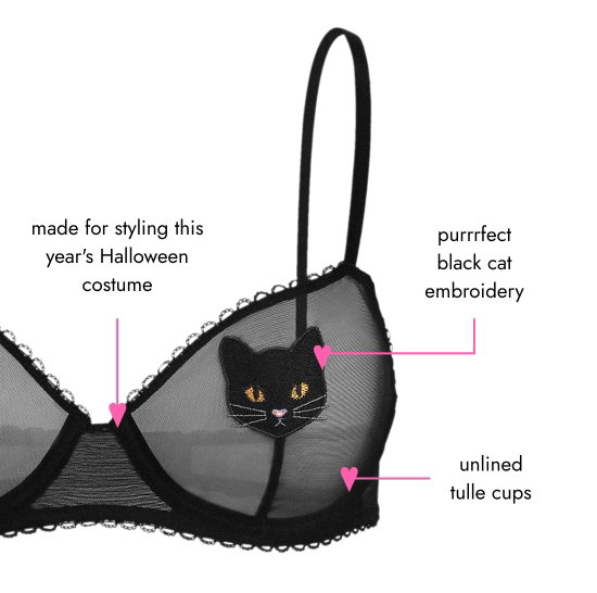 Made for styling the Halloween costume of this year. Purrrfect black cat embroidery. Unlined tulle cups