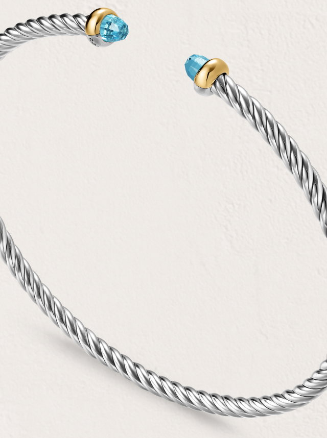 PDP_Micro Cable Flex® BraceletSterling Silver with 14K Yellow Gold and Blue Topaz, 2.6mm