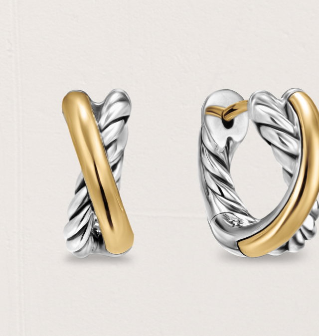 PDP_Crossover Huggie Hoop Earrings Sterling Silver with 18K Yellow Gold, 12.4mm
