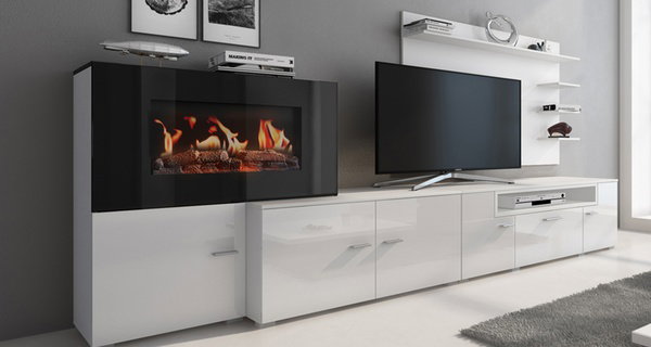 Meuble salon "Olympo" avec cheminée électrique à 5 niveaux de flamme