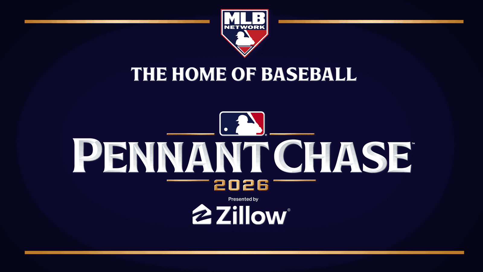 MLB Network’s logo with the text 'The Home of Baseball' and 'Pennant Chase 2026, Presented by Zillow'