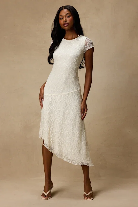 Image of Madelina Ivory Lace Asymmetrical Midi Dress