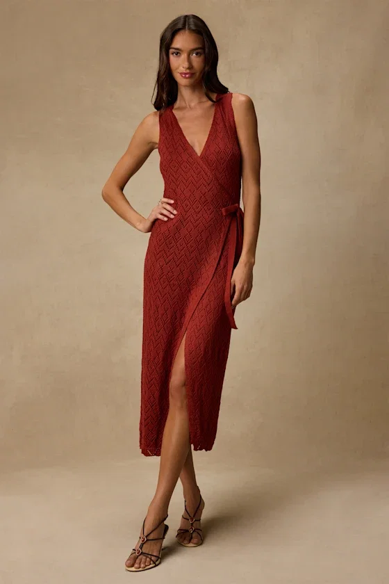 Image of Livia Rust Red Pointelle Knit Wrap Midi Dress