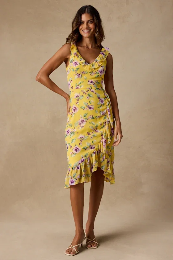 Image of Rio Yellow Multi Floral Ruffled Midi Dress