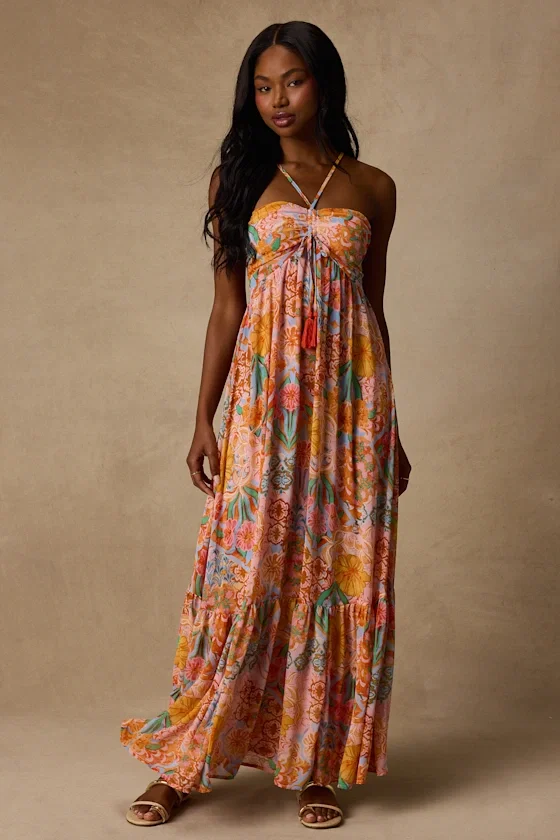 Image of Grace Bay Blush Multi Boho Print Halter Maxi Dress