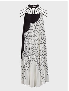 Black Pleated Maxi Dress With Knife Pleats and Contrasting Black and White Abstract Design and Open Yoke Neckline