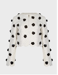 Black & White Cropped Jacket With Scalloped Edge & 3D Flowers