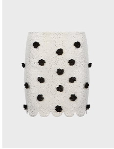 Black & White Mini Skirt With Scalloped Edge & 3D Flowers