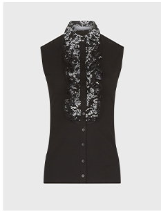 Black Cotton Jersey Sleeveless Shirt With Double Ruffle