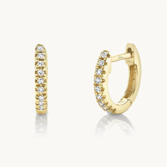 Shy Creation 0.04ctw. Diamond Huggie Hoop Earrings in 14k Yellow Gold: Pair of diamond huggie hoop earrings in yellow gold, shown from front and side angles.