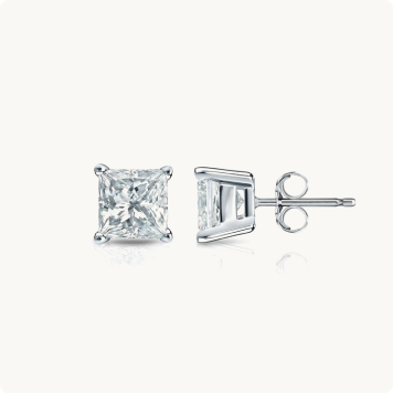 Princess-Cut Lab Grown 3/4ctw. EF VS Diamond Stud Earrings in 14k White Gold: Pair of princess-cut diamond stud earrings in white gold, shown from front and side angles.