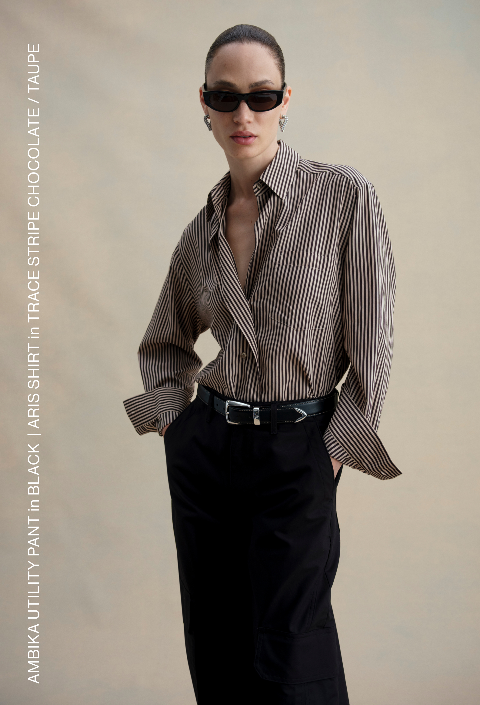 Ambika Utility Pant in Black / Aris Shirt in Trace Stripe Chocolate / Taupe