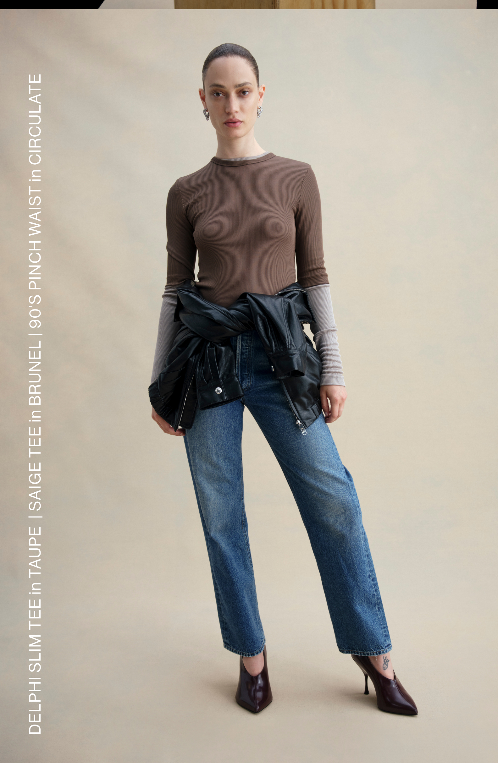 Delphi Slim Tee in Taupe / Saige Tee in Brunel / 90's Pinch Waist in Circulate