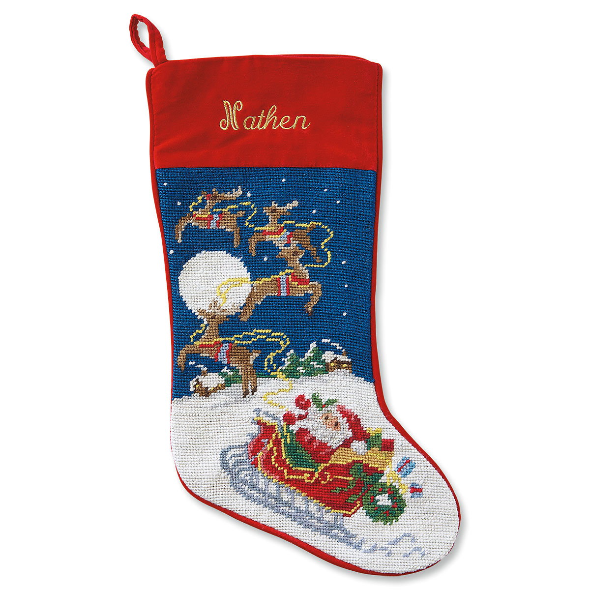 Image of Sleigh & Reindeer Heirloom Needlepoint Personalized Christmas Stocking