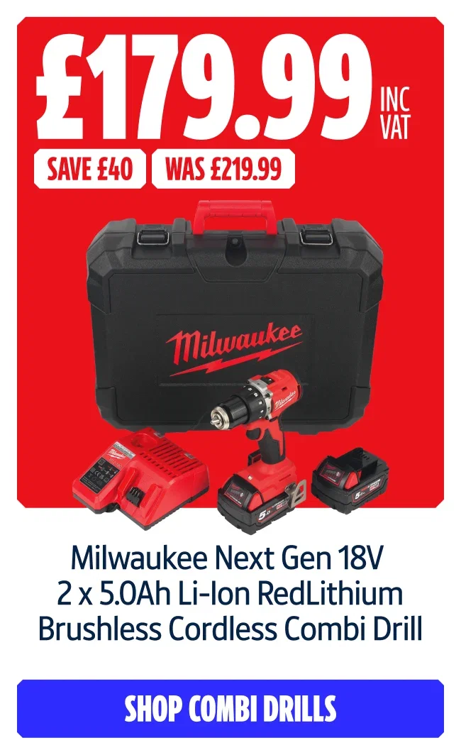 Save £40 Inc VAT on this Milwaukee Next Gen 18V 2 x 5.0Ah Li-Ion RedLithium Brushless Cordless Combi Drill. Shop combi drills