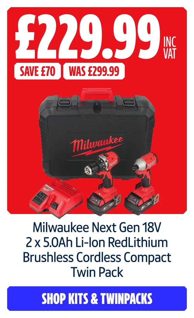 Save £70 Inc VAT on this Milwaukee Next Gen 18V 2 x 5.0Ah Li-Ion RedLithium Brushless Cordless Compact Power Tool Twin Pack. Shop kits and twinpacks